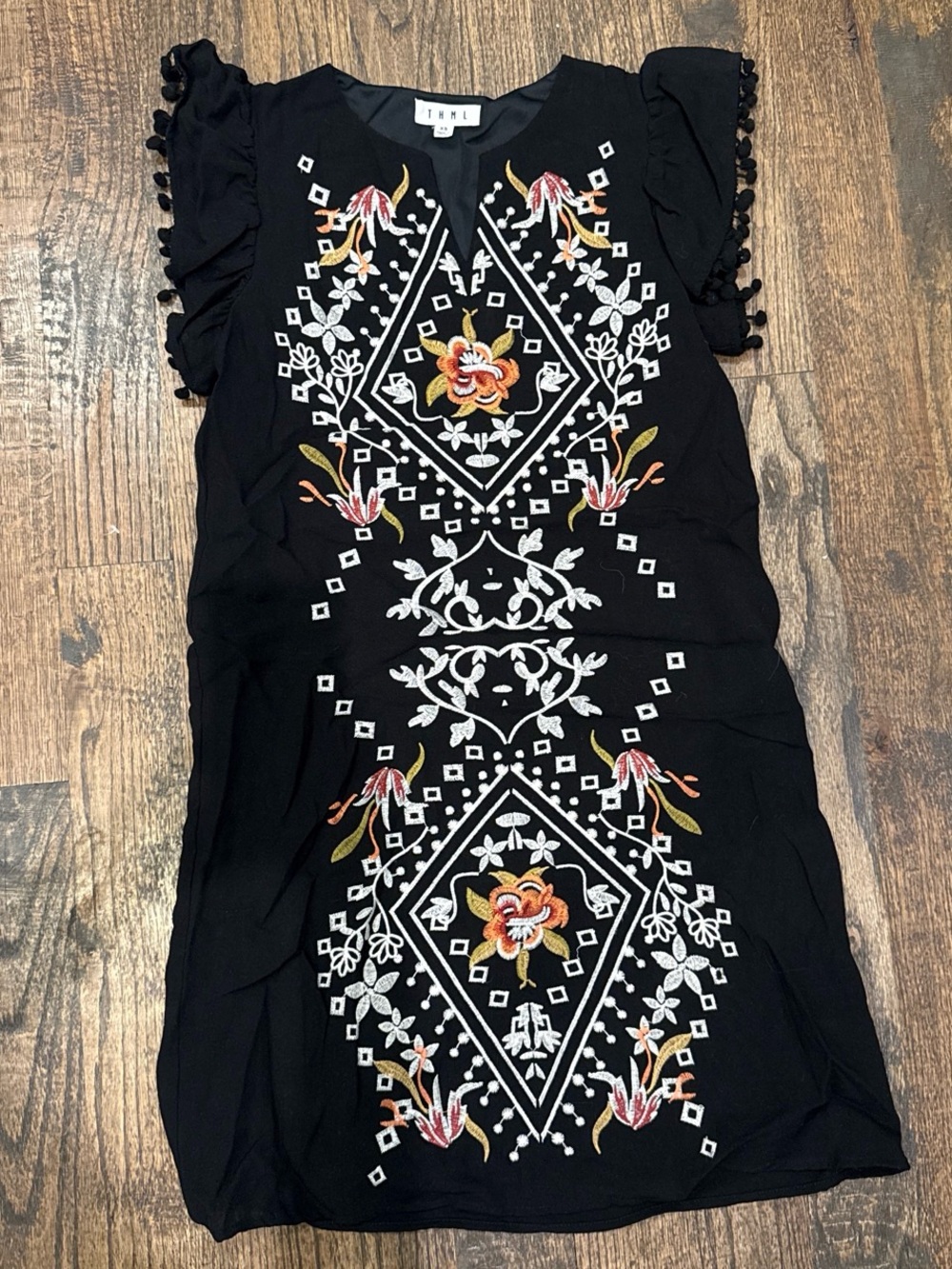 THML Black Embroidered Shift Dress with Gold and White Accents